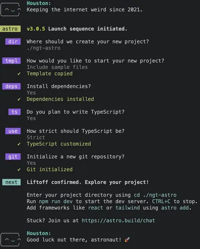 npm create astro prompts