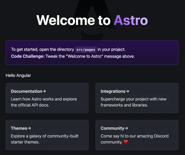 Astro home page with Angular component rendered