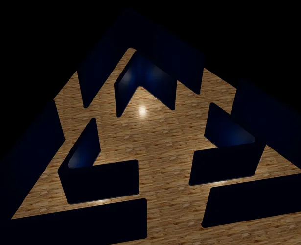 Screenshot of the Angular Three rewrite with just the Controls, GalleryLights, Floor, and Walls