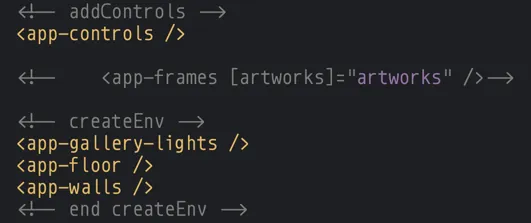 Screenshot of the Angular Three rewrite with just the Controls, GalleryLights, Floor, and Walls