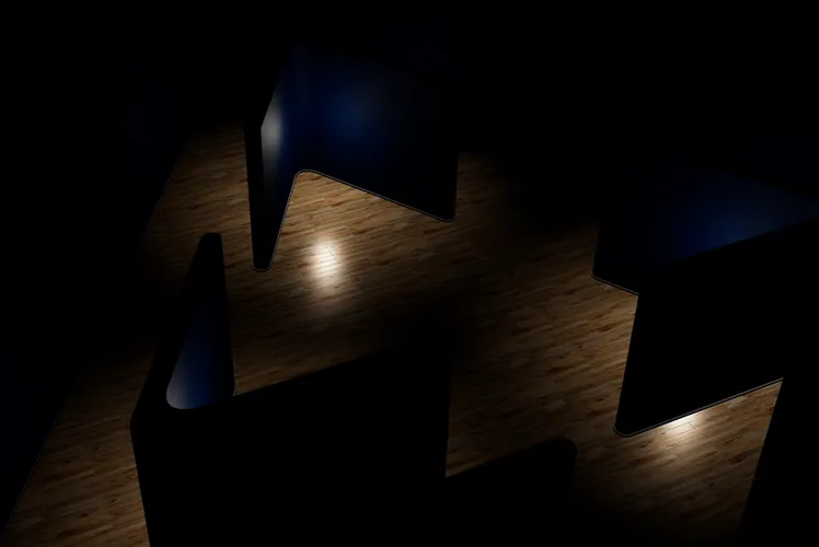 Screenshot of the Angular Three rewrite with just the Controls, GalleryLights (no base Lights), Floor, and Walls